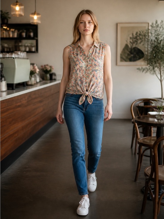 Zac & Rachel Tops - Zac & Rachel Coral and Teal Paisley Knot-Front Sleeveless Top